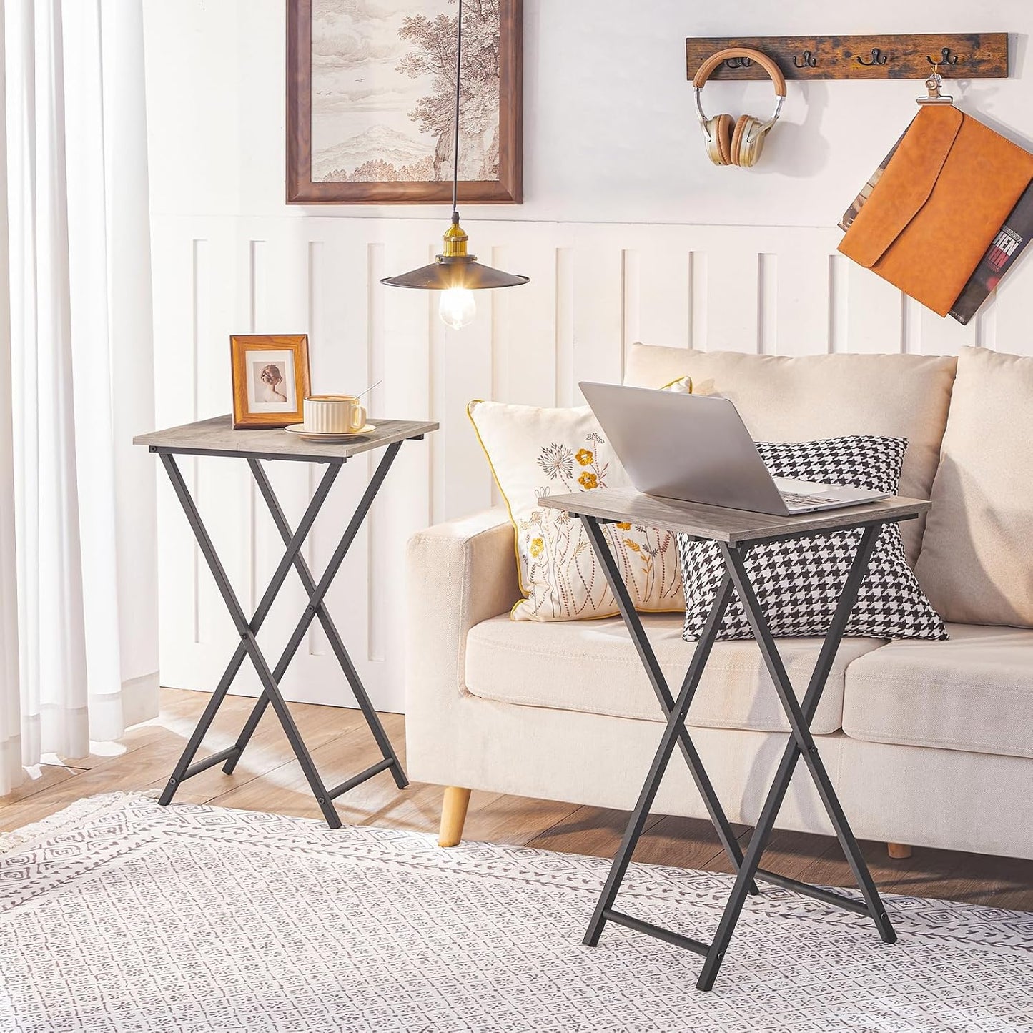 HOOBRO Folding TV Tray Table, Set of 2 Wooden TV Tray, Portable Sofa Side Snack Table, Industrial Desk for Small Spaces, Space-Saving, Easy to Install and Fold, Greige and Black BG27BZP201