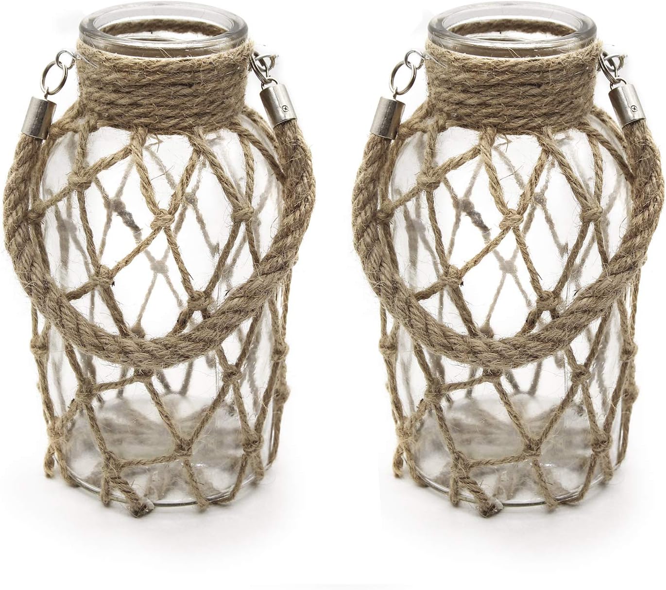 Rustic Hanging Mason Nautical Jar Rope Net Dry Flower Glass Vase with Handle Pack of 2 (2 Vase 8")