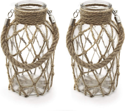Rustic Hanging Mason Nautical Jar Rope Net Dry Flower Glass Vase with Handle Pack of 2 (2 Vase 8")