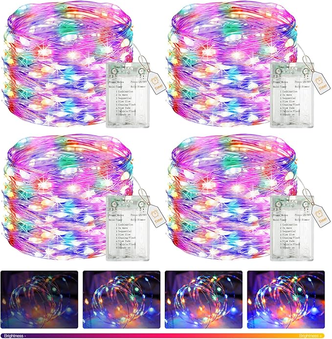 btfarm 4 Pack Fairy Lights Battery Operated with Timer, 16.4 FT 50 LED Silver Wire Twinkle String Lights 8 Modes Dimmable Waterproof for Indoor Christmas Bedroom Wedding Decorations, Multicolor