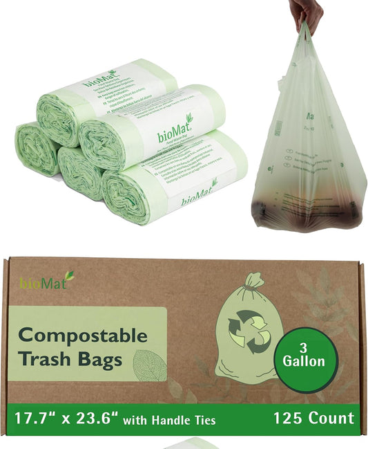 bioMat 3 Gallon Compost Bags with Handle Ties, 125 Count, Compostable Trash Bags BPI ASTM D6400 and CMA Certified
