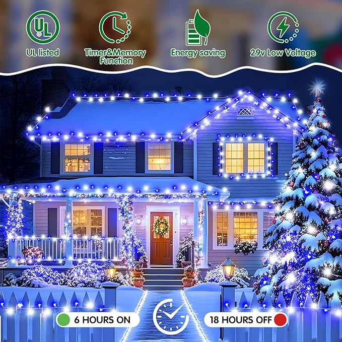Heceltt Christmas Lights Outdoor, 403FT 1000 LED String Lights 8 Modes and Timer Memory Function Twinkle Fairy Lights IP44 Waterproof Plug in for Xmas Tree Wedding Party Holiday Decor(Blue and White)