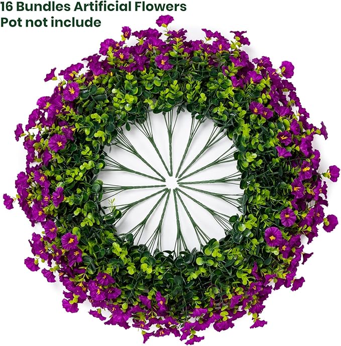 Artificial Faux Flowers for Outdoor 16 Bundles Boxwood Fake Morning Glory for Planter,UV Resistant Fake Flowers for Home Porch Patio Outside（Fuchsia）