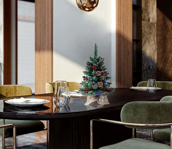 Little Christmas Tree Prelit 24 Inch Mini Christmas Tree for Desktop Decorating - Luxury Christmas Tree with Light| 4 Colors and 8 Modes String Light| Wooden Base and Picture Cloth Bag Wrapped Up