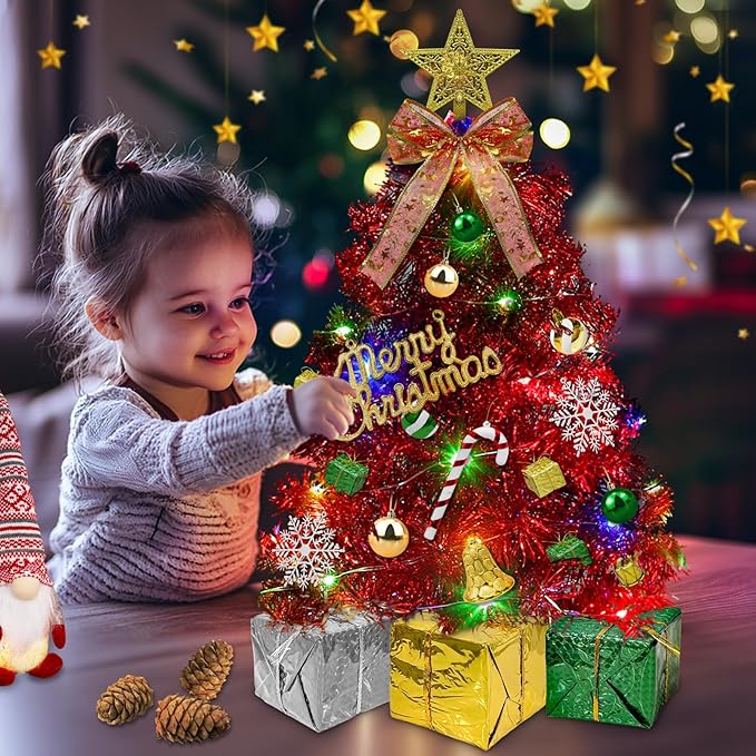 Dual Color Change&Remote Control 24 Inch/2FT Red Tabletop Christmas Tree with Lights Timer, 20 LED Warm White&Colored Lights 8 Modes 27 Orantments Star Boxes Mini Small Xmas Tree Home Holiday Decor