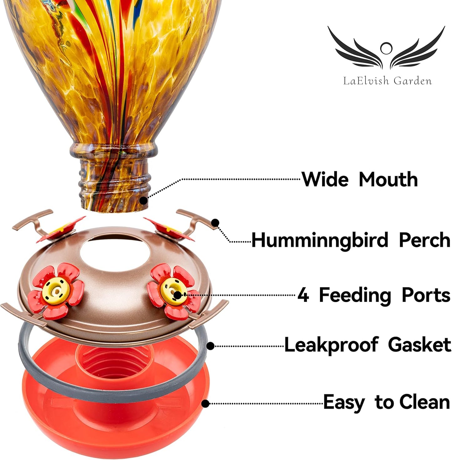 Hummingbird Feeder, 34OZ Hand Blown Glass Hummingbird Feeders for Outdoors Hanging, 4 Feeding Perch with Ant Moat Leakproof, Garden Yard Decor Gifts for Women Mom (Golden Balloon)
