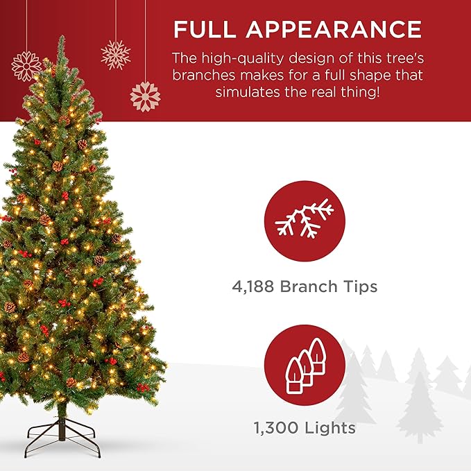 Best Choice Products 12ft Pre-Lit Pre-Decorated Spruce Hinged Artificial Christmas Tree w/ 4,188 Tips, Pinecones, Berries, 1,300 Lights, Metal Base