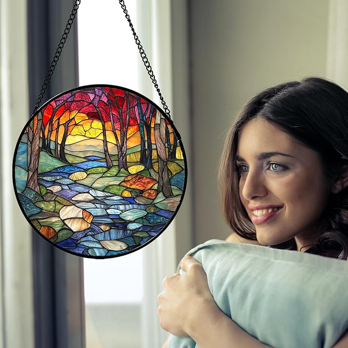 Stained Glass Window Hanging, Red Tree Abstract Sunset Lake Sun Catcher for Window Home Decor Landscape Suncatcher Mother's Day Birthday Gifts for Women Men Mom and Nana 6.3 in