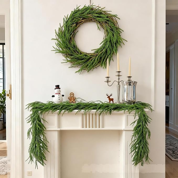 Christmas Garland 6FT Norfolk Pine, Real Touch Artificial Pine Garland for Christmas Decorations, Faux Greenery for Indoor and Outdoor Christmas Decorations