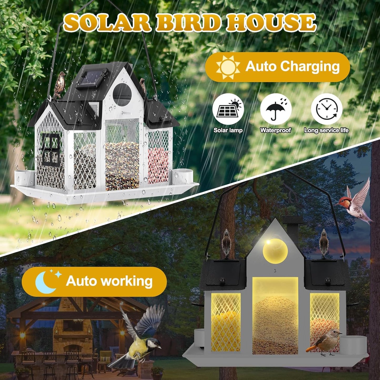 Solar Bird Feeders House Outside Hanging Metal Wild Bird Feeder Outdoors Large Cardinal Bird Feeder Birdhouses Squirrel Proof White