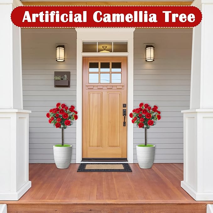 Sunnyglade 35.5" Set of 2 Artificial Camellia Tree, Faux Red Camellia Flowers Plant with Spike Fake Silk Flora Topiary Plants Tree for Indoor, Garden, Yard, Porch, Patio Decoration (Red)