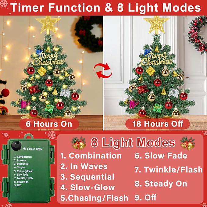 [ Timer & 8 Modes] 24 Inch Realistic Tabletop Christmas Tree with 50 Warm White Lights Star Treetop and Ornaments Small Small Artificial Christmas Tree for Indoor Home Table Christmas Decorations