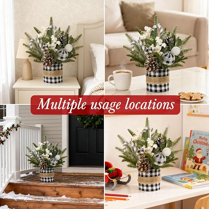 Small Christmas Tree for Tabletop, Artificial Mini Christmas Tree Decorations with White Berry Pine Cone Pine Picks, Xmas Ornaments Indoor Home Holiday Decor (Black)