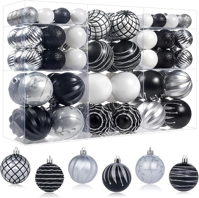 100PCS Black and Silver Christmas Ornaments Set, Shatterproof Christmas Ball Ornaments Bulk, Assorted Decorations Baubles Hanging Ornaments for Christmas Trees Holiday Party Decor (Black Silver)
