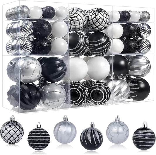 100PCS Black and Silver Christmas Ornaments Set, Shatterproof Christmas Ball Ornaments Bulk, Assorted Decorations Baubles Hanging Ornaments for Christmas Trees Holiday Party Decor (Black Silver)