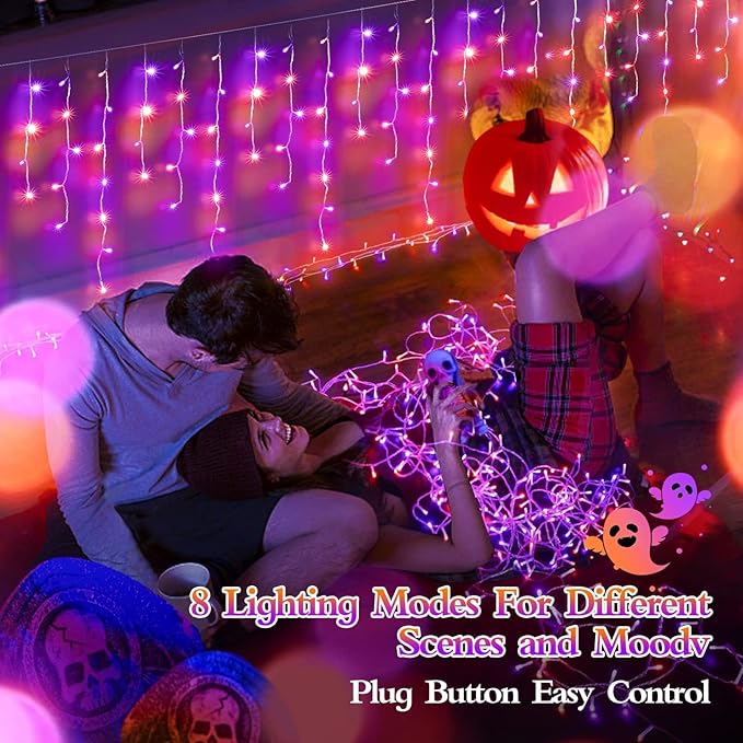 JXLEDAYY 65 FT 640 LED Halloween Lights Outdoor Decorations Clear Wire String Lights Plug in 120 Drops 8 Modes Memory Timer Curtain Fairy Lights Waterproof for Holiday Wedding Party-Orange and Purple