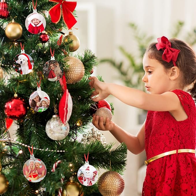 100 Pack Clear Ornaments with Red Ribbon - Blank Round Acrylic Christmas Baubles for Tree Decoration and Crafts (3 Inches)