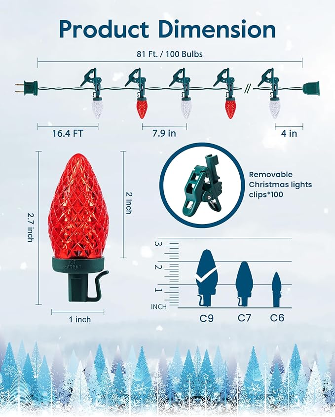 C9 LED Christmas Lights Outdoor with 100 Spring Clips, 81FT 100 LED C9 String Lights Waterproof Connectable Commercial Grade for Outside Roofline Patio House Yard Windows Christmas Decor, Red White