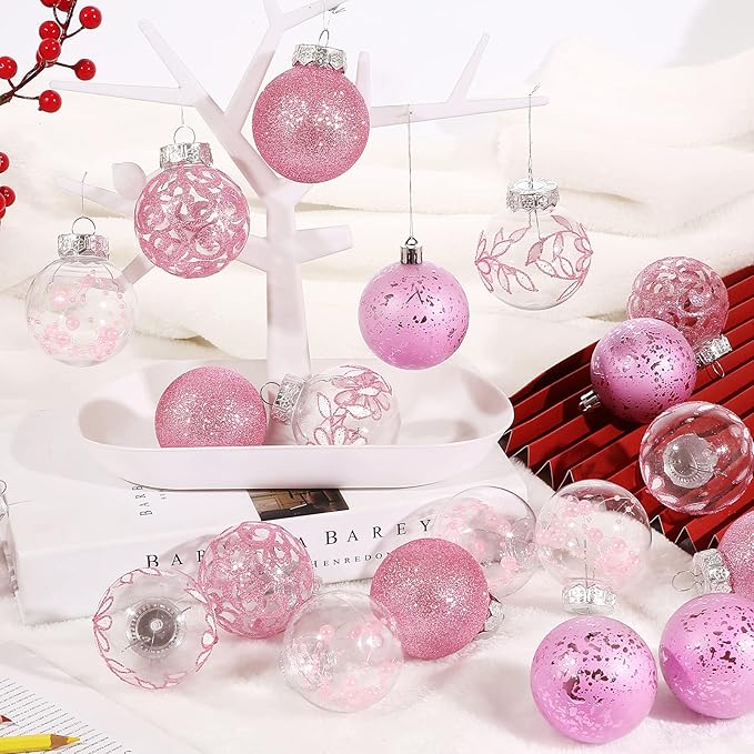 Clear Christmas Ornaments Set, 30ct 2.36inch Pink Clear Xmas Baubles for Christmas Tree Ornaments and Decorations Shatterproof Christmas Hanging Balls with Stuffed Decoration for Xmas Wedding Party