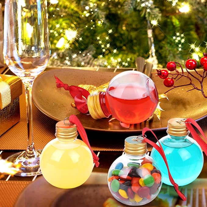 Patelai 18 Pcs Christmas Drink Balls Clear Shot Glass Ornaments Xmas Tree Fillable Ornaments Plastic Xmas Water Bottle Bulbs for Holiday Party Decorations(Round,150 ml)