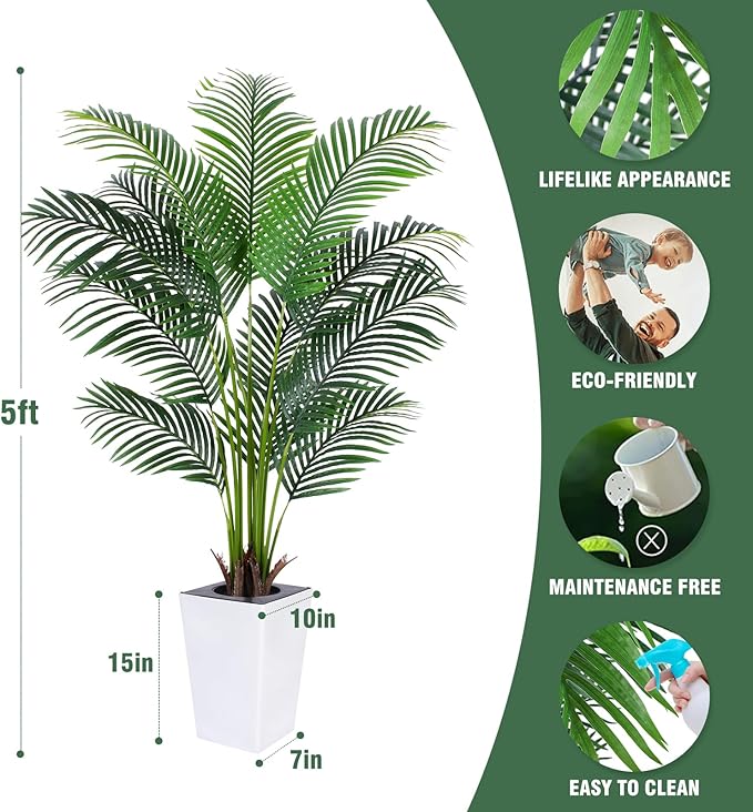 Artificial Palm Tree with White Tall Planter, 5ft Tall Potted Artificial Silk Palm Tree Plant, Fake Tropical Plant, Home Office Floor Room Decor Plants Indoor Outdoor, Housewarming Gift