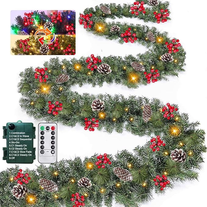 Remote Control&Extra Long&12 Modes-18 Ft Prelit Christmas Garland for Stairs Railing Mantle Front Door Porch Indoor Outdoor Decor 100 Warm White&Colors Switch Lights Timer,580 Thick Branches Tips