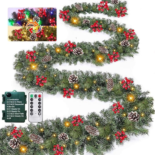 Remote Control&Extra Long&12 Modes-18 Ft Prelit Christmas Garland for Stairs Railing Mantle Front Door Porch Indoor Outdoor Decor 100 Warm White&Colors Switch Lights Timer,580 Thick Branches Tips