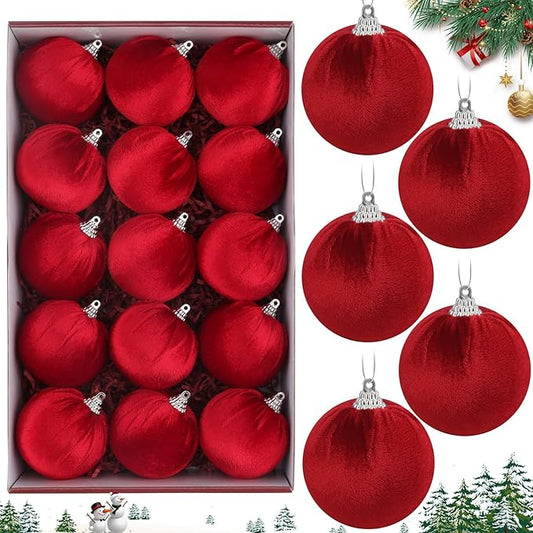 Woration 15pcs Christmas Tree Velvet Ball Hanging Red Ornaments DIY Decorations 2.36 inches Flocked Balls Shatterproof for Tree Xmas Holiday Party