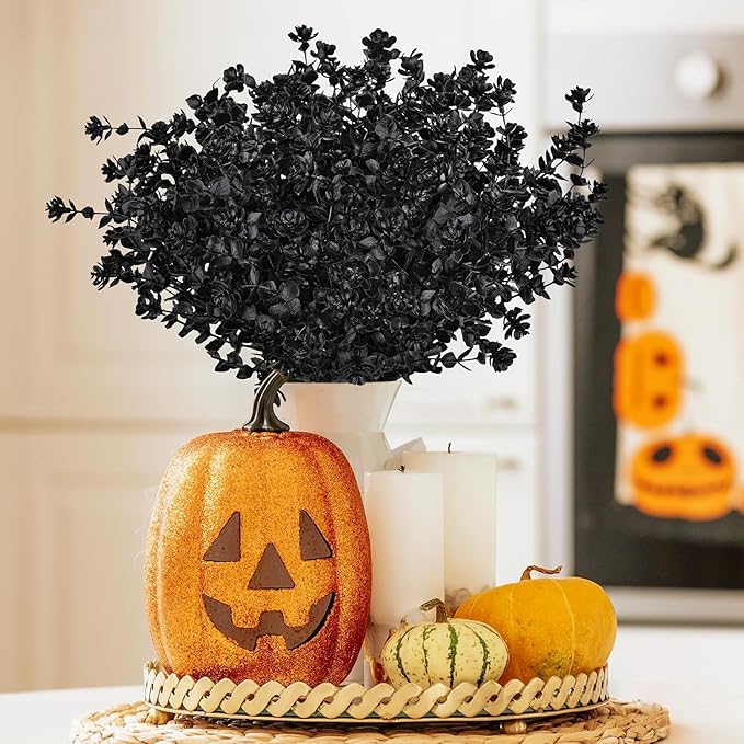 AmyHomie 16 Bundles Black Eucalyptus Artificial Flowers for Outdoor UV Resistant Faux Flowers No Fade Fake Plastic Plants Garden Porch Window Box Decorating