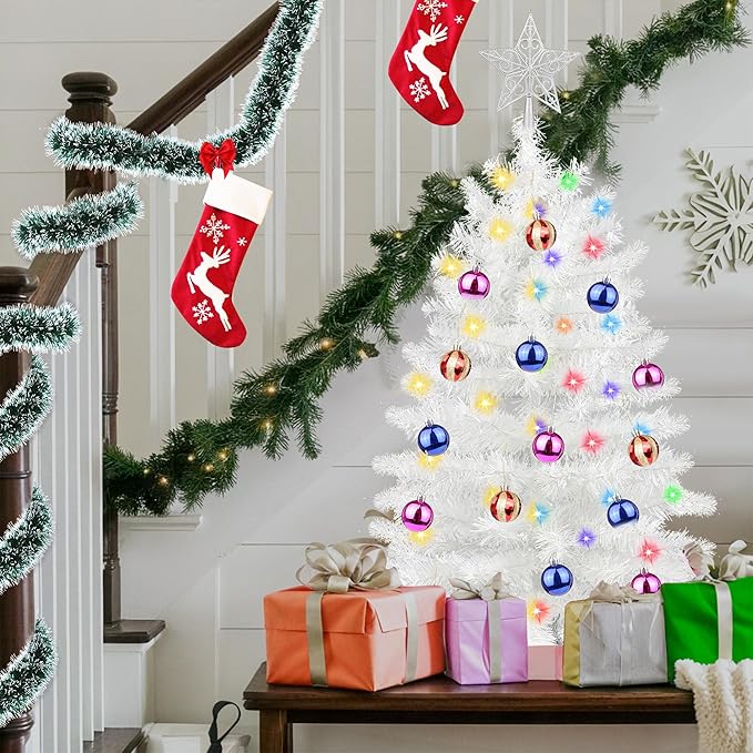 3 Feet White Tinsel Christmas Tree 12 Modes Dual Color Change Timer DIY 50 Warm White & Multicolor Lights Star 15 Ball Ornaments Battery Operated Small Artificial Full Xmas Tree Table Home Indoor