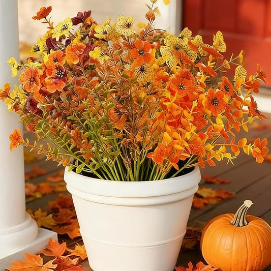 16 Bundles Artificial Flowers for Outdoor/Indoor Decoration, Plants for Outside, Fake Fall Plants. Suitable for Outdoor Flowerbed, Indoor and Outside Decorations (Orange).