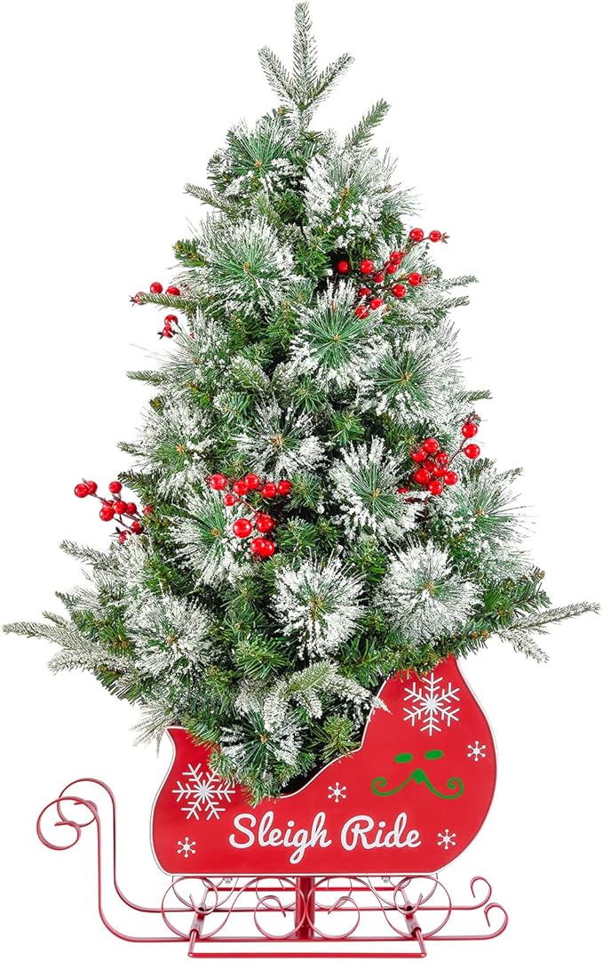 3FT Small Christmas Tree, Artificial Christmas Tree with 78 LED Lights & Bobsleigh Base, Prelit Mini Tree for Christmas Decor,Tabletop Christmas Tree, 8 Modes Remote Control, Timer Battery Operated
