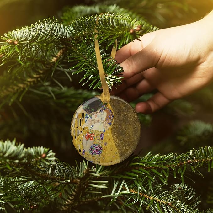Christmas Tree Ornament, Porcelain Klimt The Kiss fine Art Keepsake Ornament by RainCaper