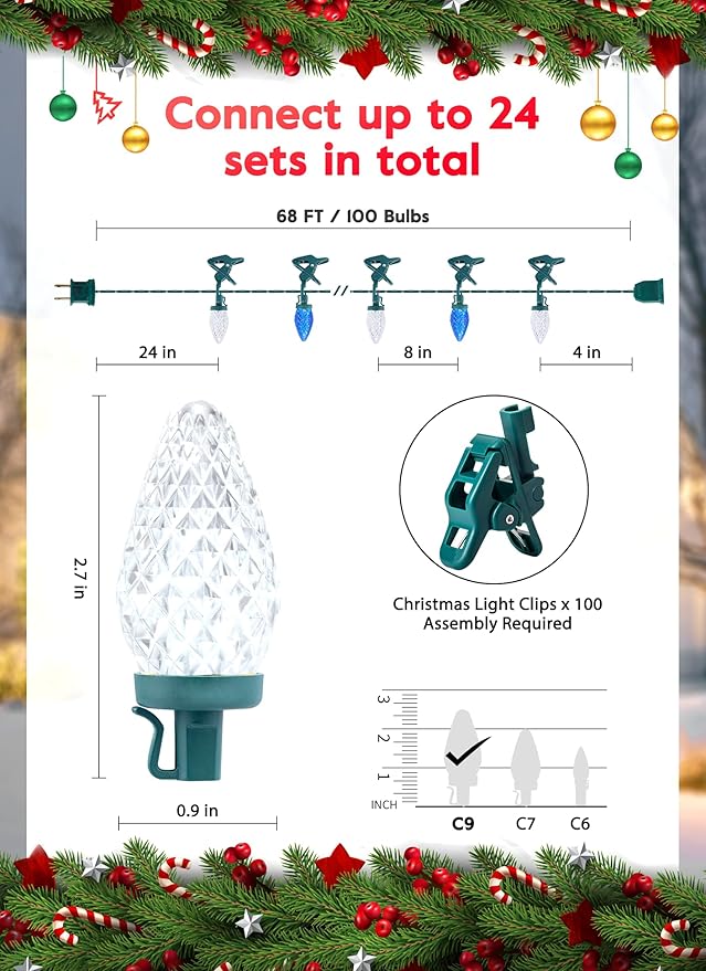 C9 LED Christmas Lights Outdoor, 68 Feet 100 LED C9 String Light with 100 Spring Clips, Waterproof Connectable Christmas Tree Lights for Outside Roofline Patio Home Xmas Decor, Blue & Pure White