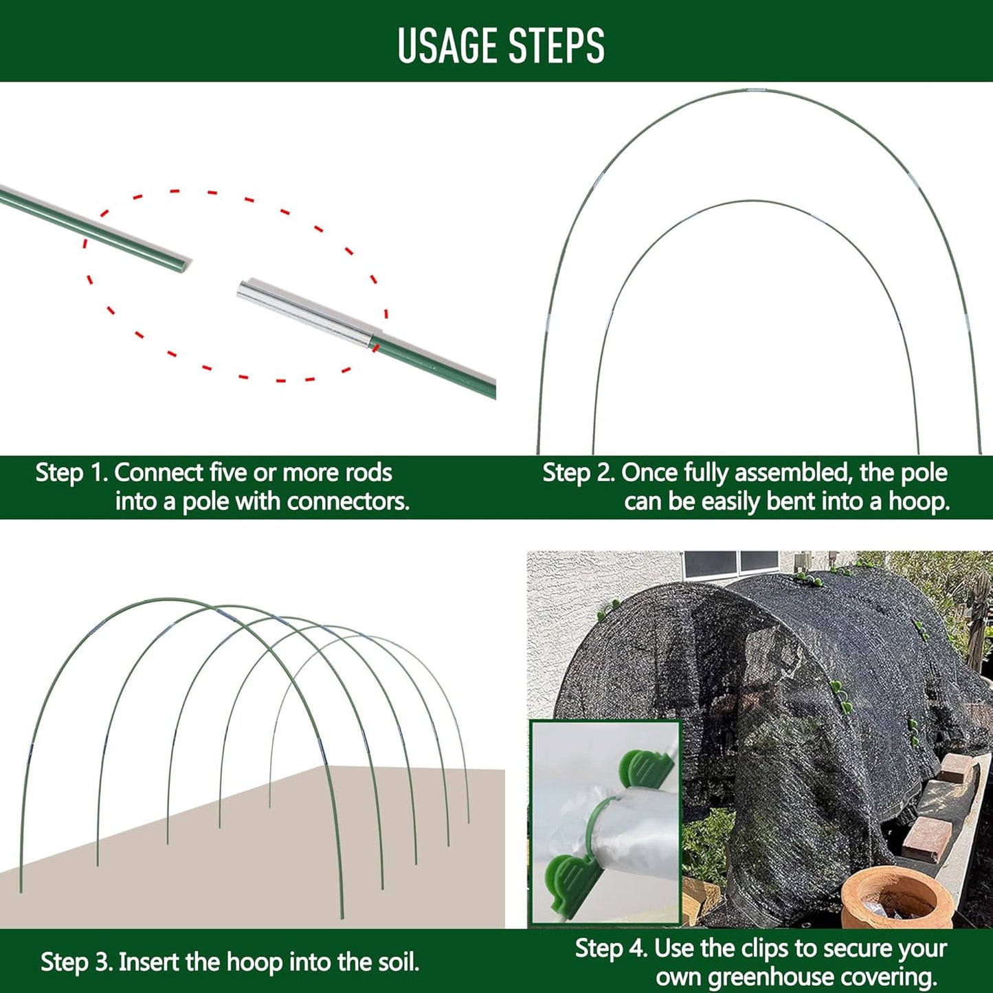 MAXPACE Greenhouse Hoops for DIY 2.8ft or Wider Grow Tunnel, Rust-Free Fiberglass Support Hoops Frame for Garden Fabric, DIY Plant Support Garden Stakes, Gardening Supplies, 50pcs