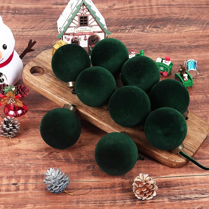 12 Pcs Velvet Christmas Balls Bulk Shatterproof Plastic Christmas Tree Decorations for Decorative Hanging Baubles (12, Blackish Green, 2.36Inch)