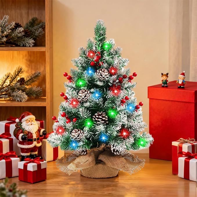 Pre-lit Mini Christmas Tree 20 Inch Small Tabletop Xmas Tree with 30 LED String Lights Locking Snow Frost Tips Berries Wood Base Ornaments Tabletop Artificial Pine Tree for Christmas Decoration