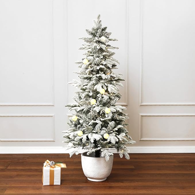LuxenHome 5FT Small Potted Christmas Tree, Flocked Christmas Tree with 100 LED Globe Lights, Prelit Artificial Xmas Trees with White Round Pot, Lighted Pine Tree for Indoor, Outdoor Holiday Display