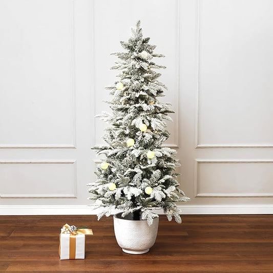 LuxenHome 5FT Small Potted Christmas Tree, Flocked Christmas Tree with 100 LED Globe Lights, Prelit Artificial Xmas Trees with White Round Pot, Lighted Pine Tree for Indoor, Outdoor Holiday Display