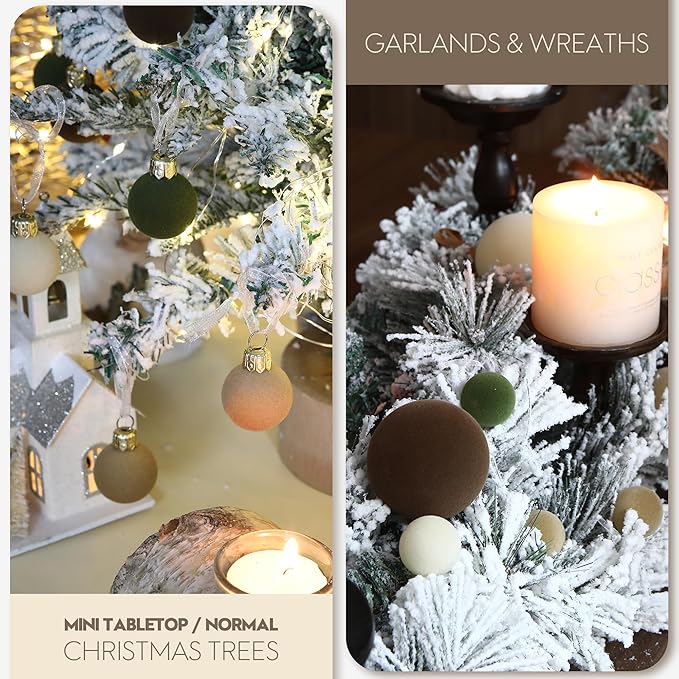 Sea Team 64-Pack Miniature Flocked Velvet Christmas Tree Ball Ornaments Set, Hanging Velour Baubles, Shatterproof Plastic Decorations for Xmas Tree, Wreath, Garland, 30mm/1.18 Inches, Prairie Fall