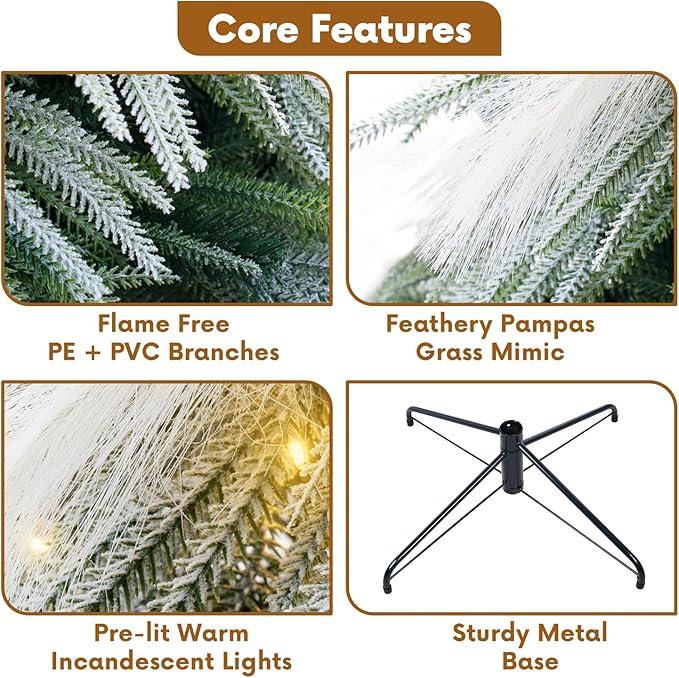 Makenna 7.5ft Snow Flocked Feathery Frosted Prelit Artificial Christmas Tree with 6478 Pampas Tips, 550 Warm Lights and Metal Stand, 48" Wide Realistic Snow Flocked Pine Christmas Tree with Lights