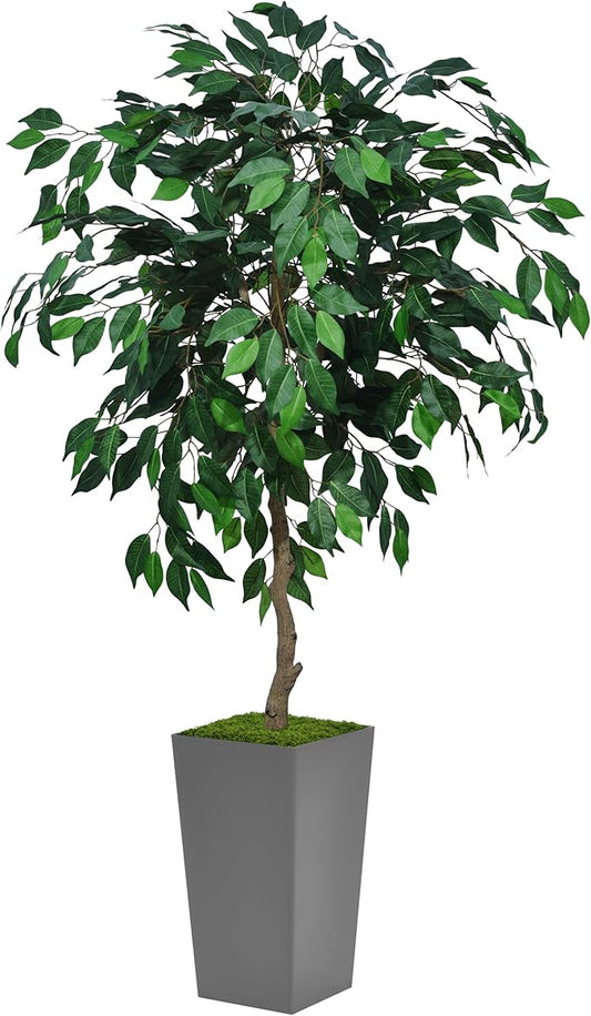 Artificial Ficus Tree 5FT - Faux Indoor Tree with Gray Tall Planter - Fake Ficus Floor Plant Potted - Artificial Silk Tree for Home Office Living Room Decor Indoor