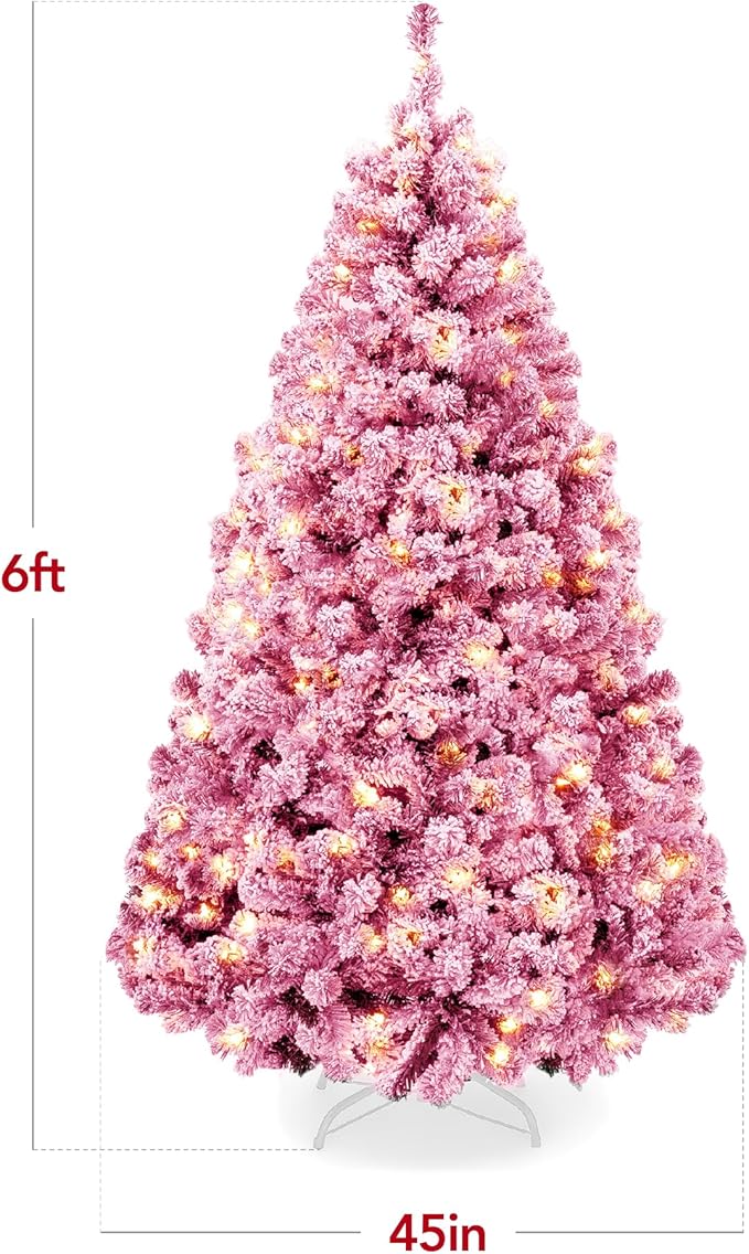 Best Choice Products 6ft Pre-Lit Pink Christmas Tree, Artificial Snow Flocked Full Fir Tree, Holiday Decoration w/ 250 Lights, 928 Branch Tips, Foldable Metal Base