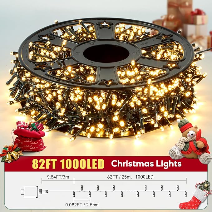 Hishine 82FT 1000LED Christmas Lights, String Lights Indoor Outdoor 8 Modes Waterproof Plug in Christmas Tree Light for Holiday, Warm White