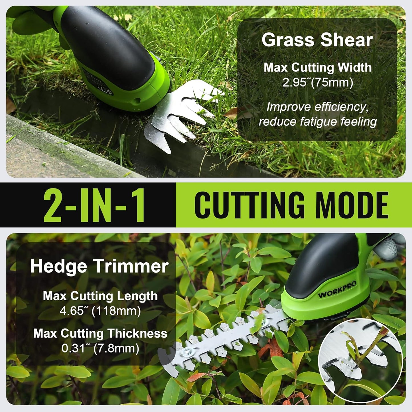 WORKPRO Cordless Grass Shear & Shrubbery Trimmer - 2 in 1 Handheld Hedge Trimmer Electric Grass Trimmer Hedge Shears/Grass Cutter Rechargeable Lithium-Ion Battery and Type-C Cable Included (Green)