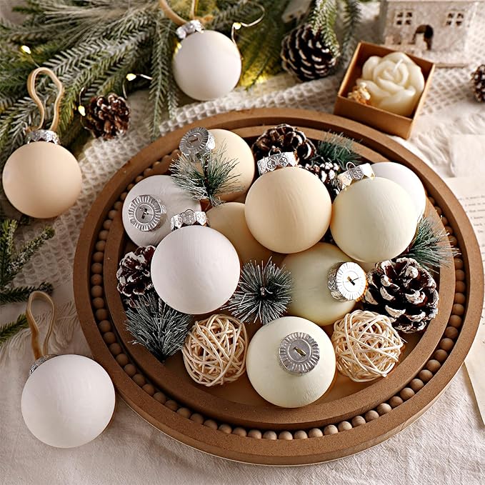 12 Pcs Neutral Matte Christmas Ball Ornaments 2.4 Inch Rustic Boho White Cream Beige Xmas Bulbs Ornament Vintage Xmas Baubles Modern Christmas Decor for Tree Farmhouse Holiday Decor