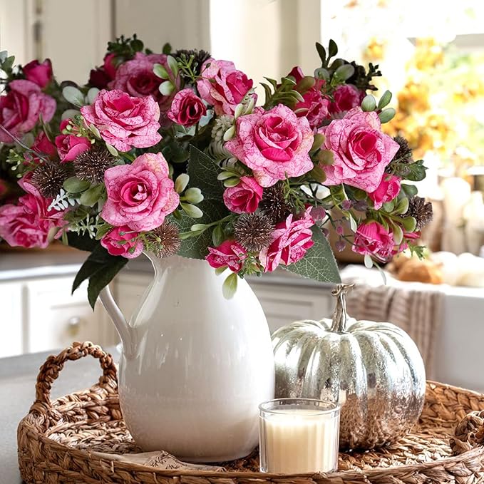 3 Bundles Fall Artificial Flowers Bouquet, Autumn Fake Roses Bouquet Faux Fall Floral Arrangements for Centerpiece Table Wedding Party Home Decor (Pink)