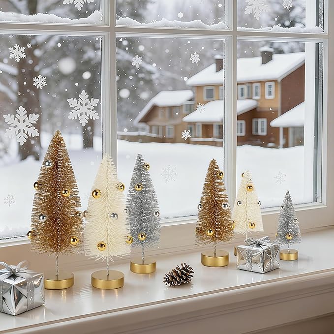 6 Pack Mini Christmas Trees, Small Miniature Frosted Bottle Brush Christmas Tree Decorations Tiny Tabletop Glittered Tree with Bead Ornaments Winter Holiday Décor for Tiered Tray Mantel Assorted Sizes