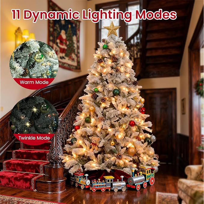 6ft Pre-lit Christmas Tree with Double-Sided Five-Fork PE & PVC Needles, Dense Realistic Pine Design, Easy Assembly Holiday Decoration Tree