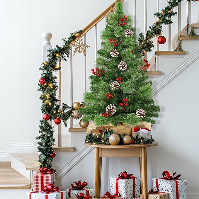 Timer - 3FT Christmas Tree with Lights, Real Touch Small Table top Christmas Tree 50 Warm White LED,100 Smoky Pine Branches Pinecone Berry,Burlap Base Artificial Mini Cedar Xmas Tree Indoor Home Decor